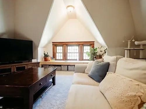Cozy attic living room with a white sofa, coffee table, and large windows for natural light.