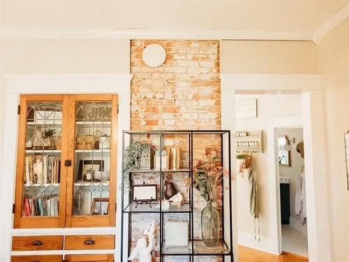 Living room with rustic decor, featuring a vintage cabinet and glass display case with plants.