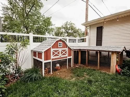 Red barn-style chicken coop with outdoor run in a backyard setting.