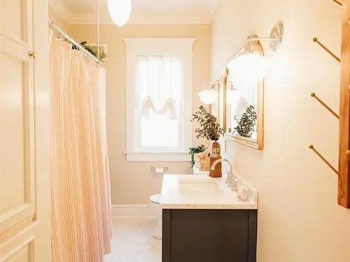 Bright, modern bathroom with shower curtain, vanity, and natural decor accents.